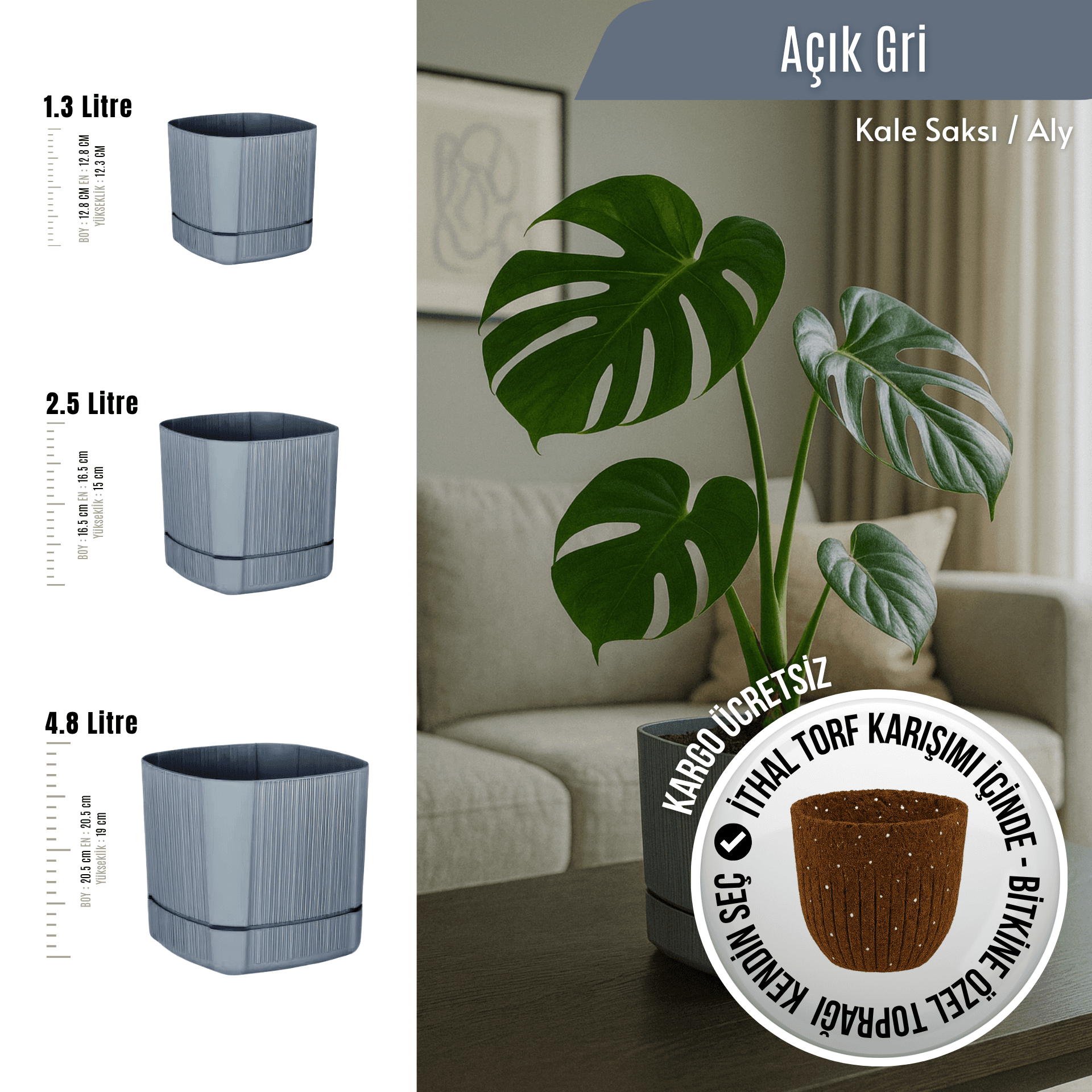 Kale Tabaklı Bitki Saksısı | Açık Gri (3 Boy Seçenekli) | İthal Torf Hediye